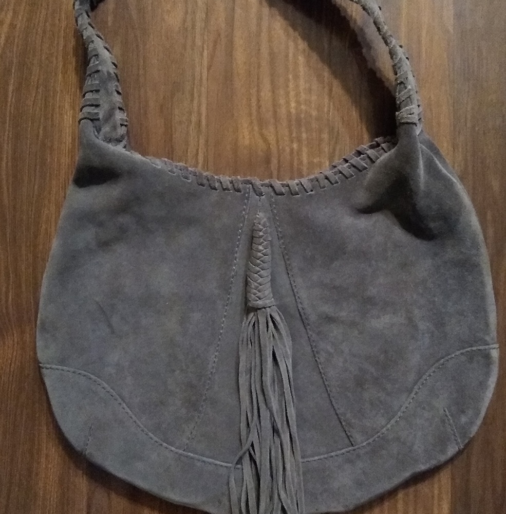Lucky Brand Gray Suede Braided Strap Hobo Bag
